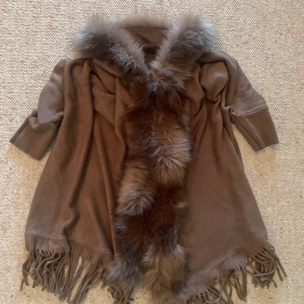 Faux Fur trim  sweater wrap cape, one size